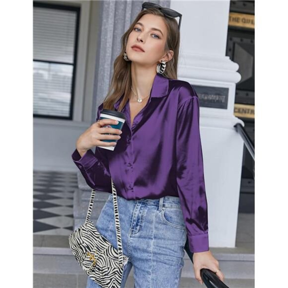 Women's Satin Silk Button-Down Blouse - Picture 3 of 7